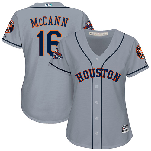 Astros #16 Brian McCann Grey Road World Series Champions Women's Stitched MLB Jersey - Click Image to Close